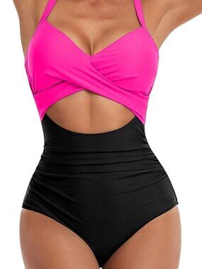 Women's One Piece Swimsuits Tummy Control Cutout High Waisted Bathing Suit Wrap